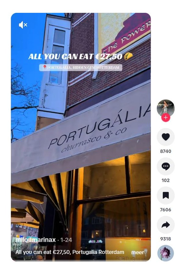 TikTok-video van een creator bij Portugalia Churrasco, met de likes en het aantal keer doorgestuurd in beeld