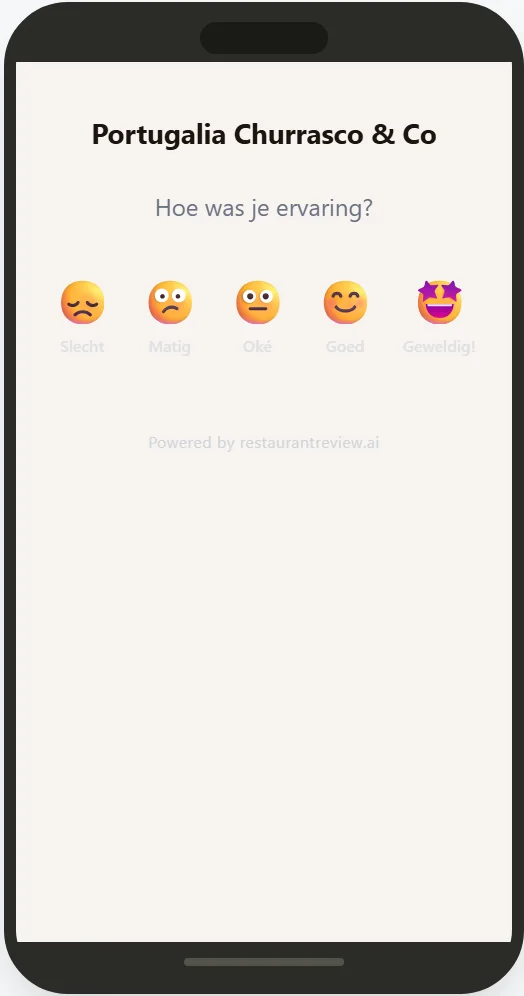 Telefoonscherm dat de gast ziet: Hoe was je ervaring, met vijf smileys